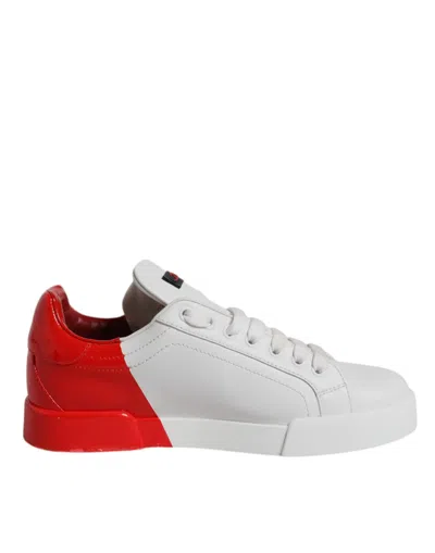 Pre-owned Dolce & Gabbana White Red Leather Logo Low Top Sneakers Men's Shoes () In Multi