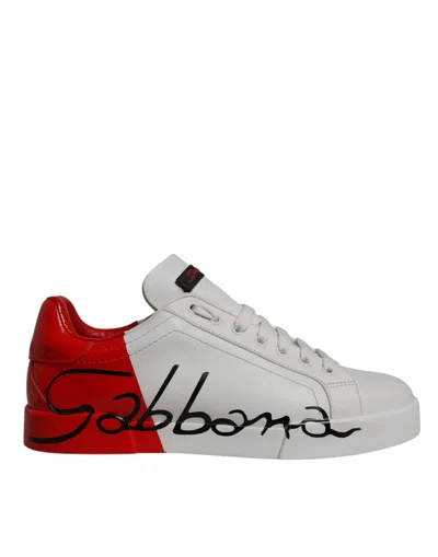 Pre-owned Dolce & Gabbana White Red Leather Logo Low Top Sneakers Men's Shoes () In White And Red