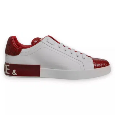 Pre-owned Dolce & Gabbana White Red Leather Logo Portofino Men's Sneaker ()