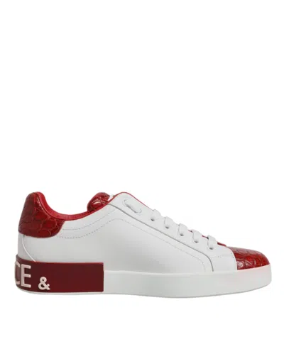 Pre-owned Dolce & Gabbana White Red Leather Portofino Men Sneaker Men's Shoes () In Multi