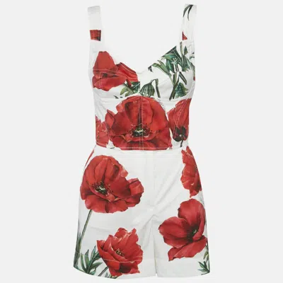 Pre-owned Dolce & Gabbana White Red Poppy Print Cotton Top Shorts Set S