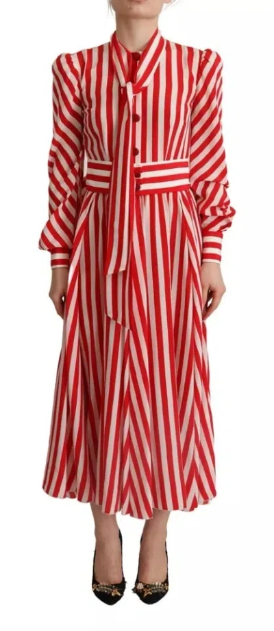 Dolce & Gabbana Pussy-bow Striped Silk-crepe Midi Dress In Red