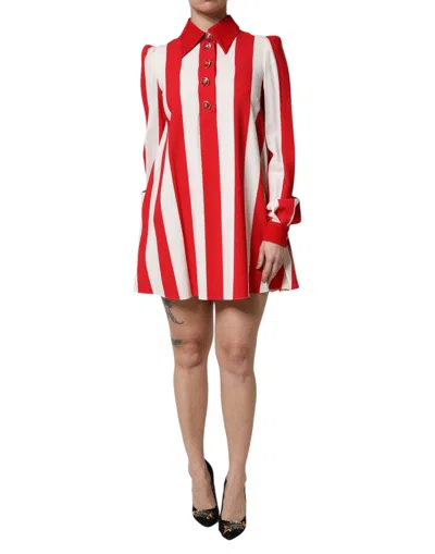 DOLCE & GABBANA DOLCE & GABBANA WHITE RED STRIPES LONG SLEEVES MINI WOMEN'S DRESS