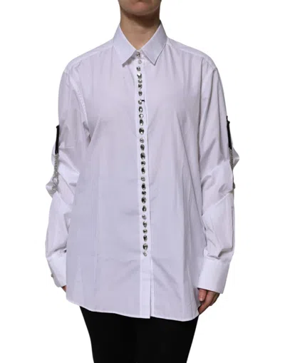 Pre-owned Dolce & Gabbana White Rhinestone Embellish Long Sleeves Women's Top ()