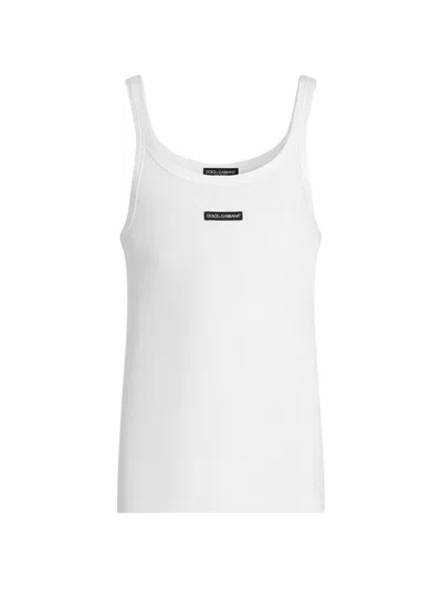 Dolce & Gabbana White Ribbed Cotton Tank Top With Logo Patch
