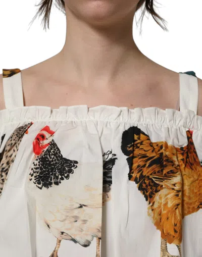 Dolce & Gabbana White Rooster Print Poplin Off The Shoulder Top In Multi