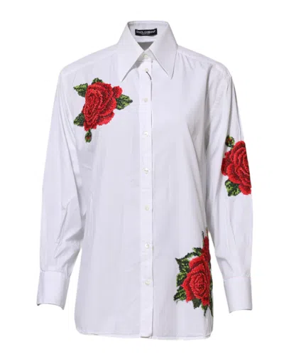 Pre-owned Dolce & Gabbana White Rose Embroidery Collared Shirt Women's Top ()