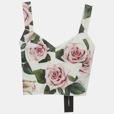 Pre-owned Dolce & Gabbana White Rose Print Cotton Blend Bustier Top Xs
