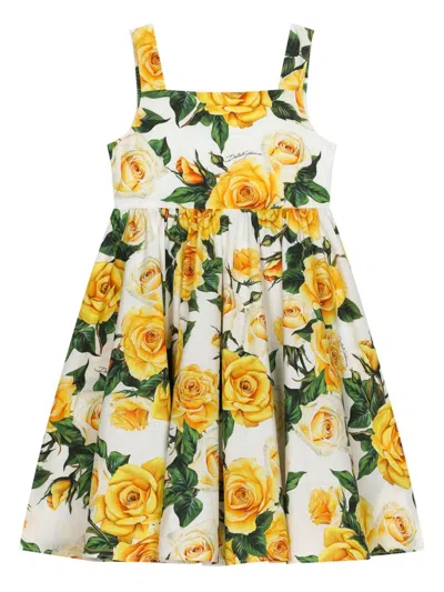 Dolce & Gabbana Kids' White Rose Print Cotton Dress