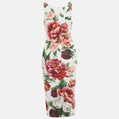 Pre-owned Dolce & Gabbana White Rose Print Crepe Short Dress S