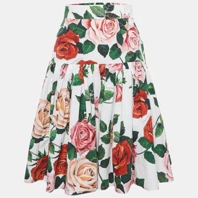 Pre-owned Dolce & Gabbana White Rose Print Gathered Knee Length Skirt Xs