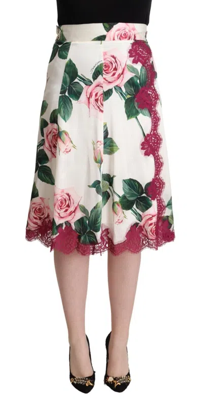 Dolce & Gabbana White Rose Print High Waist Midi A-line Women's Skirt In Multi