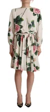 Dolce & Gabbana White Rose Print Long Sleeves A-line Women's Dress In White