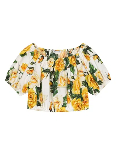 Dolce & Gabbana Kids' White Rose Print Off The Shoulder Blouse In Yellow