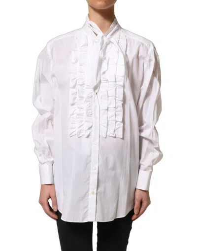 Dolce & Gabbana White Ruffled Bib Long Sleeves Blouse Women's Top