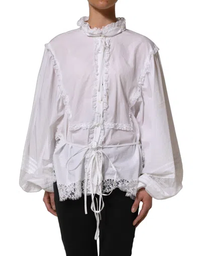 Dolce & Gabbana White Ruffled Lace Embellished Blouse Women's Top