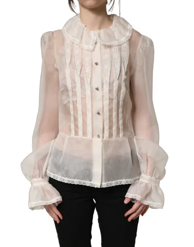 Dolce & Gabbana White Ruffled Sheer Silk Buttoned Blouse Women's Top In Off White