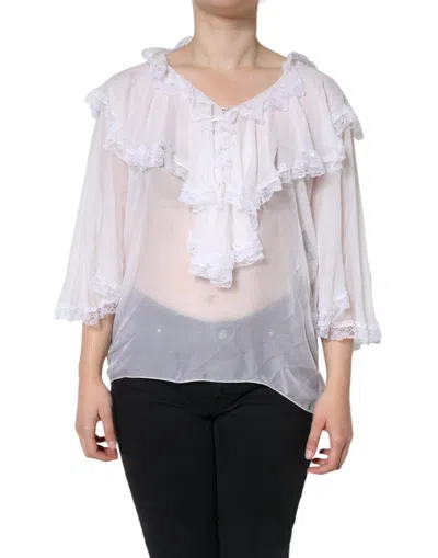 Dolce & Gabbana White Longsleeve Lace Trim Ruffled Blouse Top