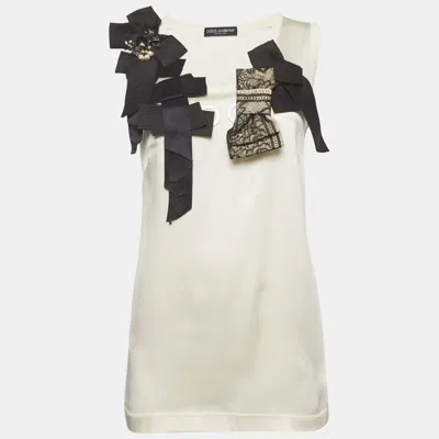 Pre-owned Dolce & Gabbana White Satin And Cotton Knit Tank Top M
