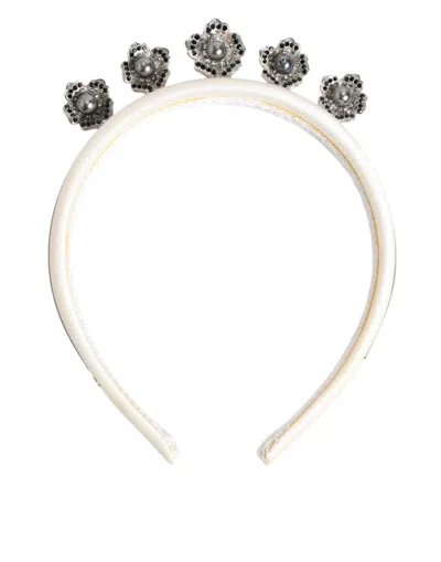 Dolce & Gabbana White Satin Palladium Silver Floral Crown Tiara Headband In Neutral