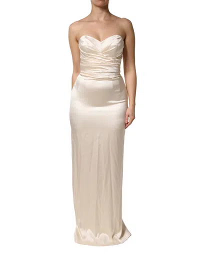 Pre-owned Dolce & Gabbana White Satin Strapless Sheath Maxi Women's Dress ()