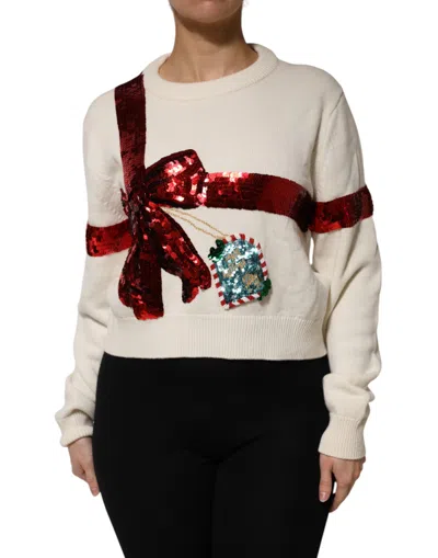 DOLCE & GABBANA DOLCE & GABBANA WHITE SEQUINED CREW NECK PULLOVER WOMEN'S SWEATER