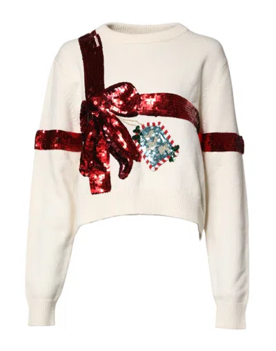 Pre-owned Dolce & Gabbana White Sequined Crew Neck Pullover Women's Sweater () In Multi