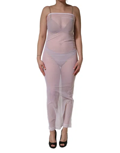 Dolce & Gabbana White Sheer Nylon Stretch Sheath Maxi Dress In Pink