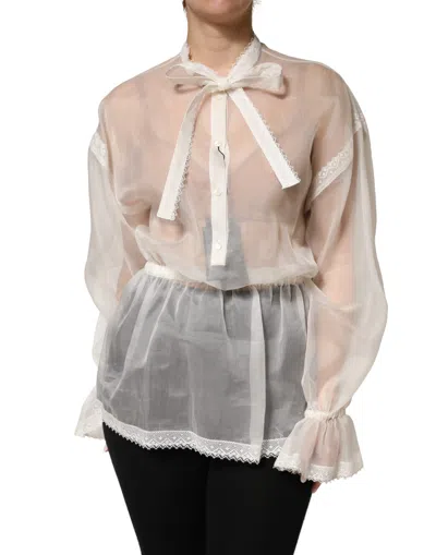 Pre-owned Dolce & Gabbana White Sheer Silk Blouse Lace Bow Tie Blouse Women's Top ()