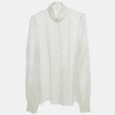 Pre-owned Dolce & Gabbana White Sheer Silk Lace Trimmed Blouse M