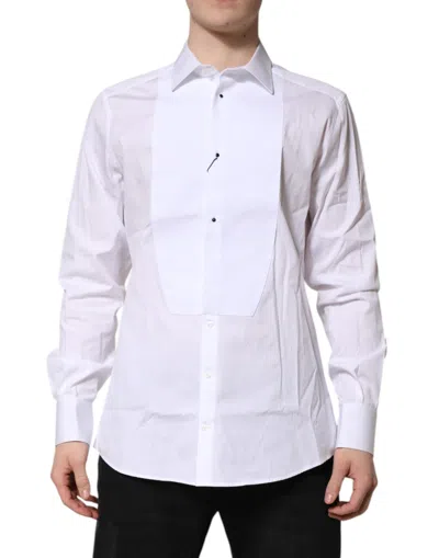 DOLCE & GABBANA WHITE SILK BIB POPLIN GOLD MEN FORMAL SHIRT