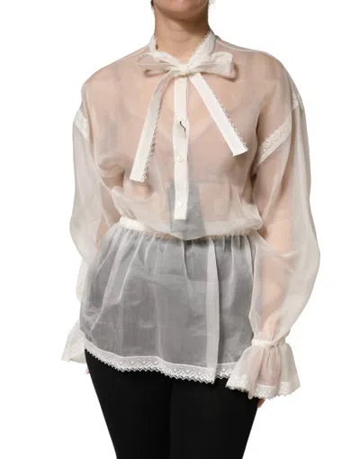 Pre-owned Dolce & Gabbana White Silk Cotton Ascot Collar Blouse Women's Top ()