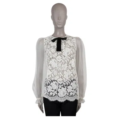Pre-owned Dolce & Gabbana White Silk Cotton Bow Embellished Lace Blouse Shirt 42 M