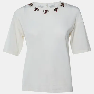 Pre-owned Dolce & Gabbana White Silk Crepe Dragonfly Crystal Embellished Blouse S