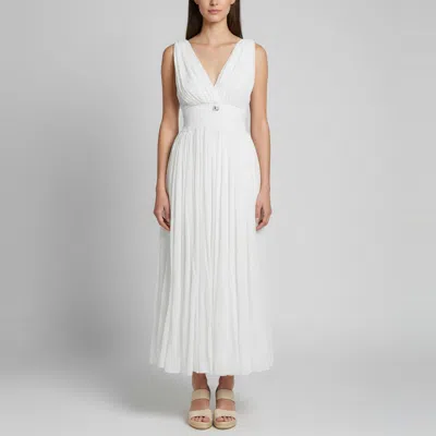 Pre-owned Dolce & Gabbana White Silk Crepe V-neck Sheer Midi Dress Xs