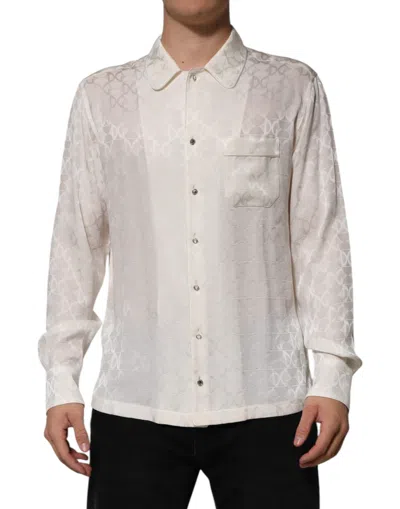 Dolce & Gabbana White Silk Dg Logo Print Long Sleeves Shirt In Neutral