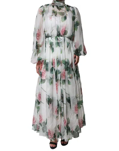 DOLCE & GABBANA DOLCE & GABBANA WHITE SILK FLORAL PRINT LONG MAXI WOMEN'S DRESS