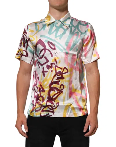 Dolce & Gabbana White Silk Hawaiian Graffiti Print Men Casual Shirt In Multi