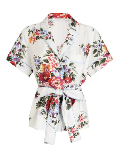 Dolce & Gabbana White Silk Kimono Shirt With Floral Print In Multi