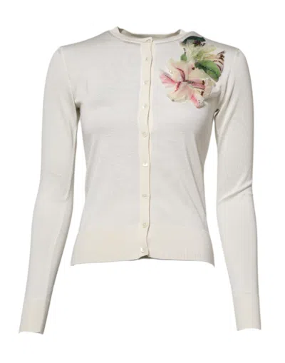 Pre-owned Dolce & Gabbana White Silk Lily Embellished Cardigan Women's Sweater ()