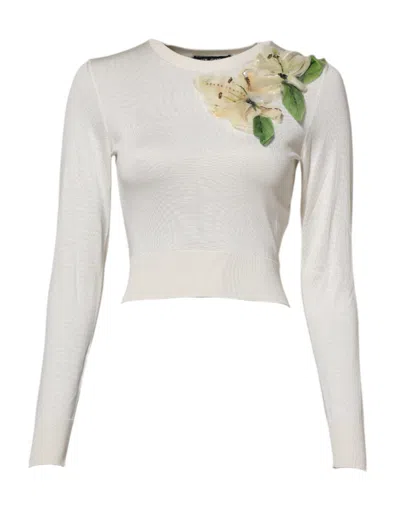 Pre-owned Dolce & Gabbana White Silk Lily Embellished Pullover Women's Sweater ()