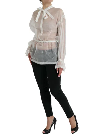 Dolce & Gabbana White Ascot Collar Long Sleeves Blouse Top