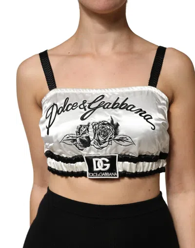 Dolce & Gabbana White Silk Satin Crop Black Logo Bralette Top In Multi