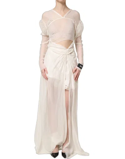 Dolce & Gabbana White Silk Sheer Draped Long Gown Dress