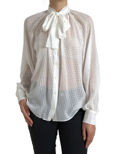 Dolce & Gabbana Silk Sheer Polka-dot Tie-neck Blouse In White