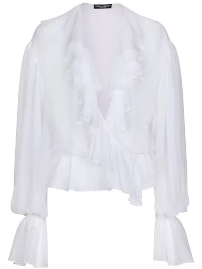 Dolce & Gabbana White Silk V-neck Shirt With Ruffled Detailing And Cropped Design