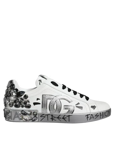 DOLCE & GABBANA WHITE SILVER CRYSTAL LOGO PORTOFINO SNEAKERS SHOES