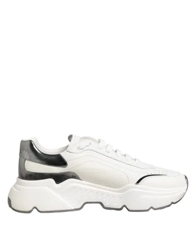 Dolce & Gabbana White Silver Daymaster Leather Sneakers Shoes In Blue