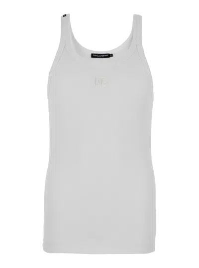 Dolce & Gabbana White Sleeveless Top With Logo Embroidery On The Front And Ribbed Knit In Cotton Man In Gray