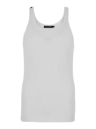 Dolce & Gabbana White Sleeveless Top With Logo Embroidery On The Front And Ribbed Knit In Cotton Man